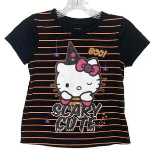 NWOT HELLO KITTY SANRIO Tshirt Girl 12 Graphic Glitter Halloween SpiderWeb Strip